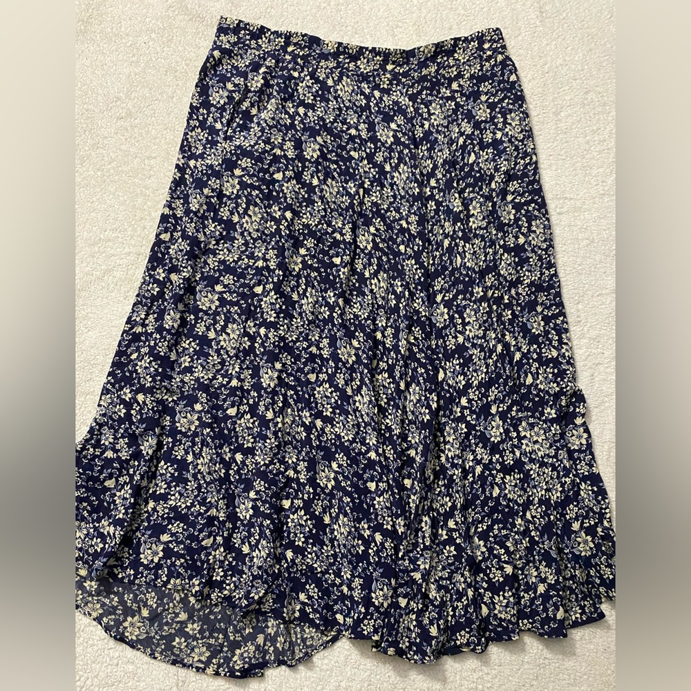 Ankle Length Floral Blue Skirt Swirly Flowy Soft Elastic Waist